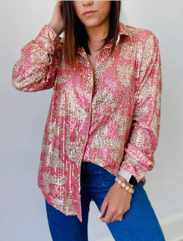 Pink Cheetah Sequin Shirt & Short Set