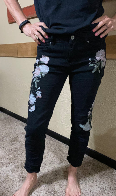 Floral Stitched Black Jeans