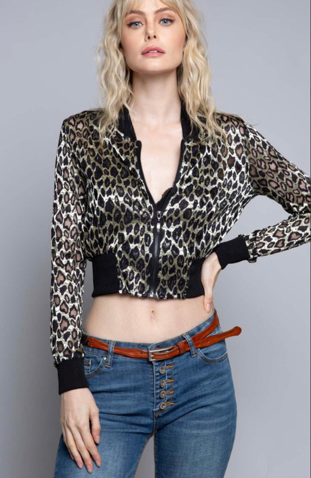 Leopard Gold Cropped Lace Bomber