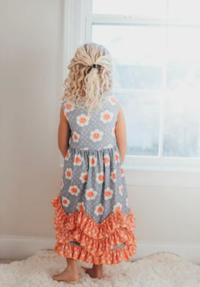 Gray Peach Floral Ruffle Dress
